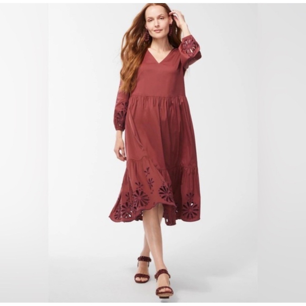 CHICO'S Brown Poplin Eyelet Midi Dress Puff Sleeves Tiers Boho Prairie Sz 16